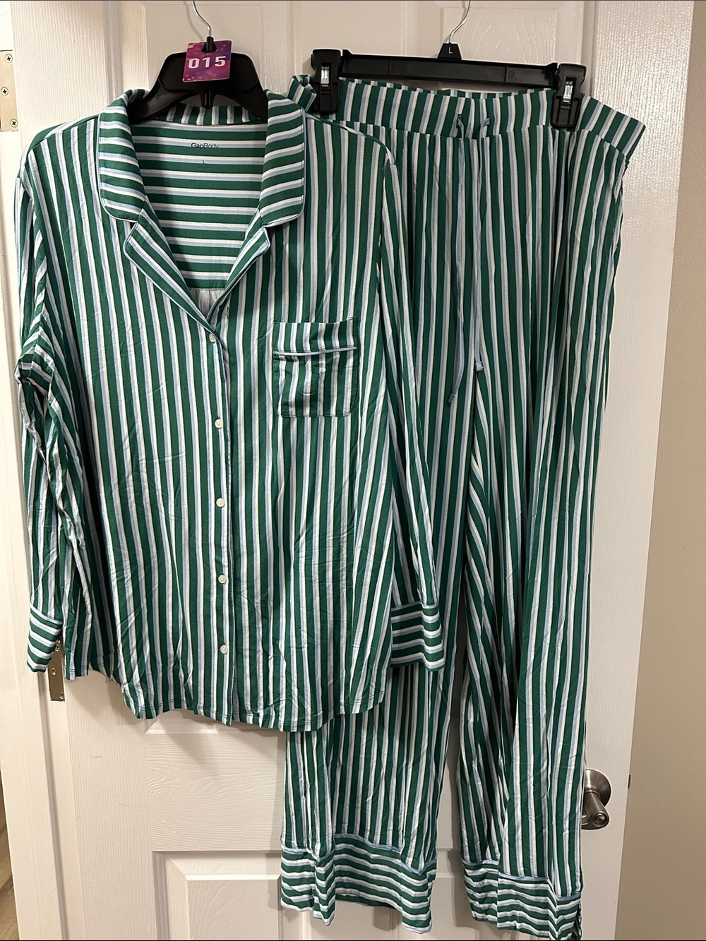 GAP Green and White Vertical Stripe Pajama Set